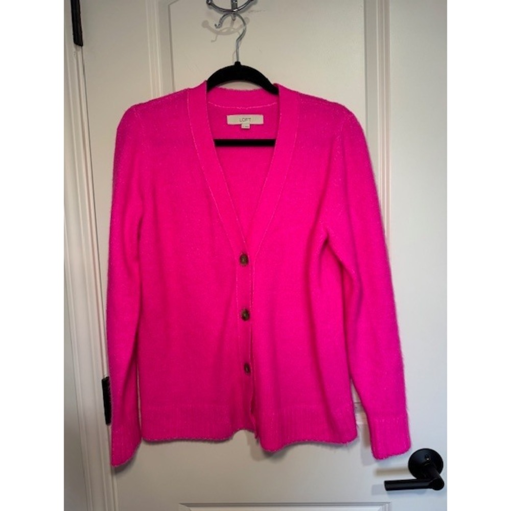 LOFT Hot Pink Shimmer V-Neck Button Front Cardigan Sweater